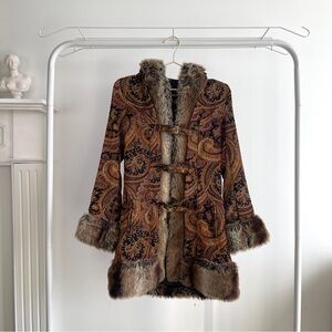 MinkPink Paisley Hooded Faux Fur Trimmed Coat